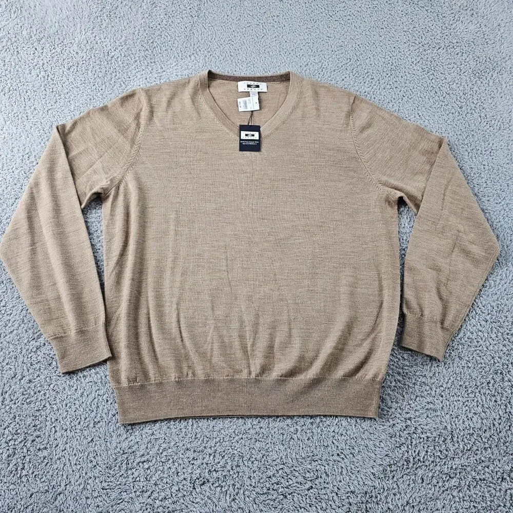 Joseph Abboud Sweater Mens XXL Tan Merino Wool Modern Fit V Neck Pullover Casual